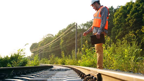 Inspector (Engineer) Checking Railway or Track in the Forest. RAW Video Record.