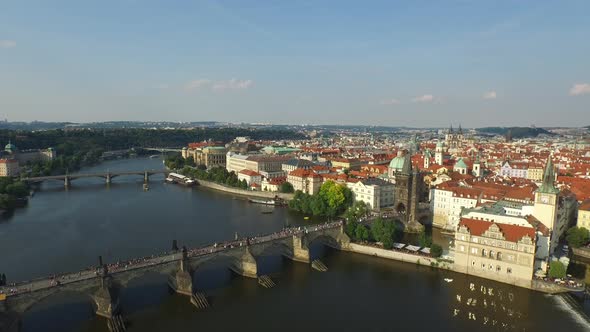 Aerial of Vltava River with bridges