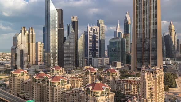 Aerial View on Downtown and Financial District in Dubai Timelapse United Arab Emirates with alt