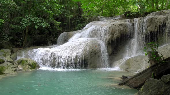 Erawan waterfall level one in National Park, famous tourist destination in Kanchanaburi, Thailand.