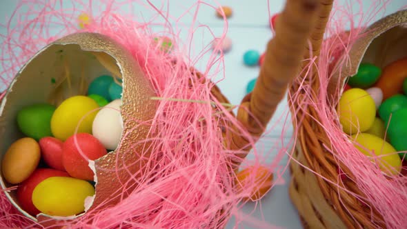 Easter Egg with Colorful Candies in a Basket Close Up