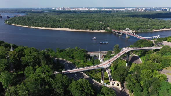 Pedestrian - Bicycle Bridge in Kiev. Kyiv City Landscape