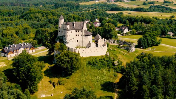 Morning aerial view on the medieval royal castle Bobolice. Poland. High quality 4k footage alt