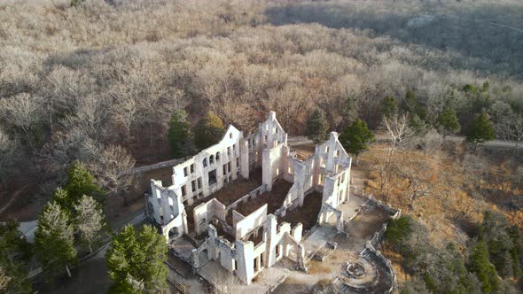 Destroyed Building Castle Ruins in Missouri State Park, Aerial Drone alt