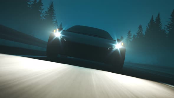 Endless drive through foggy landscape at night. Super car racing through highway