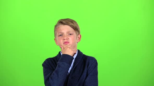 Boy Is Thinking About Important Things. Green Screen. Slow Motion alt