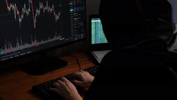Thief Technical Genius Fraudster Hacker Steals Cryptocurrency at Night Enters Computer Codes