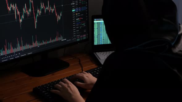 Thief Technical Genius Fraudster Hacker Steals Cryptocurrency at Night Enters Computer Codes alt