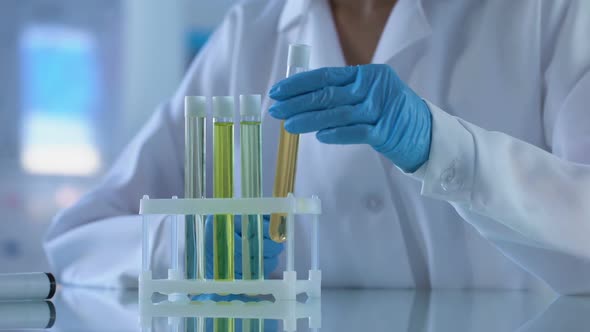 Female Researcher Marking Test Tubes, Perfumery Industry, Cosmetology Experiment alt