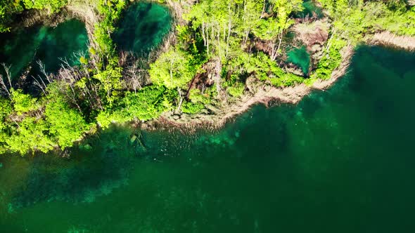 Emerald green Plitvive Lakes in Croatia, arial tilt-up reveal. alt
