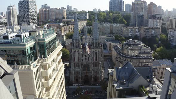 Drone Shows Gothic Style Cathedral in the Summer. Saint Nicolas Church in Kyiv, Ukraine alt