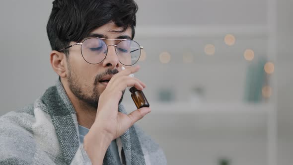 Portrait Sick Arabian Hispanic Bearded Ill Man Suffering From Seasonal Allergy Respiratory Virus alt