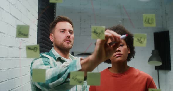 A Young Man and Woman are Planning in the Office Drawing on a Glass Board alt