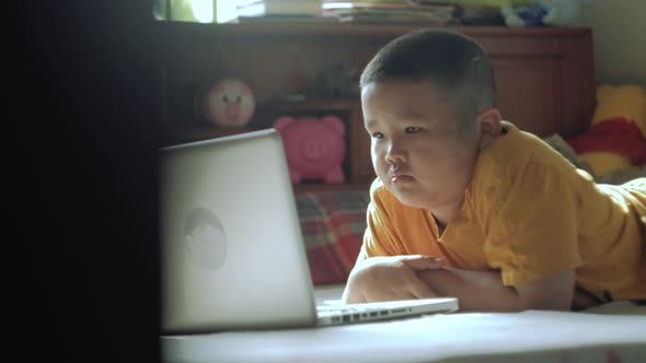 Little asian boy student watch video online webinar learn on laptop alt