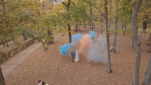 Caucasian Groom with Bride in the Park. Wedding Couple. Smoke Bombs. Newlyweds alt