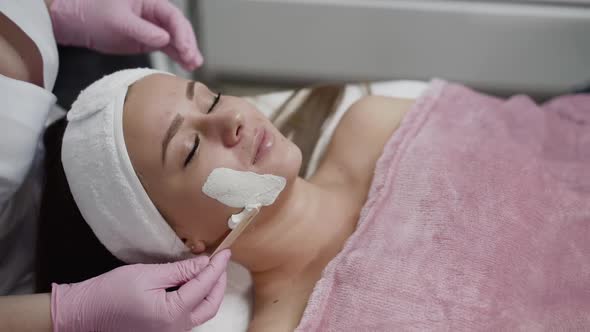 View of Spa Procedure of Applying Mask with Spatula on Female Face in Salon alt