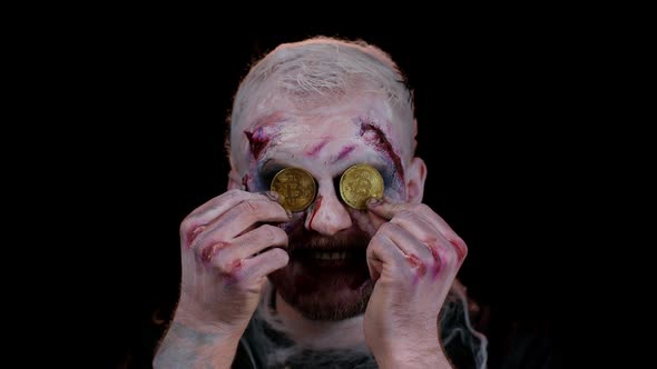 Zombie Man with Makeup with Fake Wounds Scars Vomits Golden Bitcoins Mining Btc Cryptocurrency alt