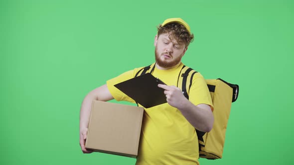 Portrait of Men Hands Over Folder to Customer for Signature to Receive Parcel alt