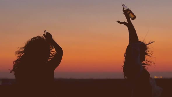 Silhouettes of Partying Women Drinking Beer Against Sunset Sky