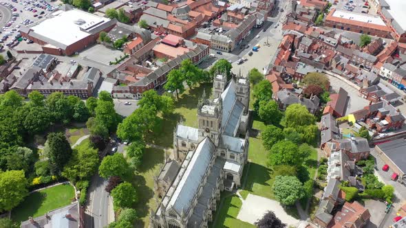 Aerial footage of the historical Selby Abbey in the town of Selby in York North Yorkshire in the UK  alt