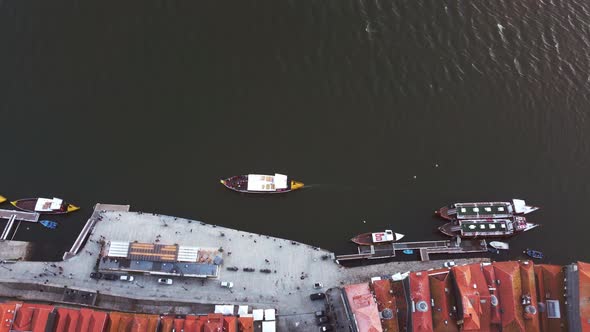 Topdown View From a Drone on the Embankment of the Douro River