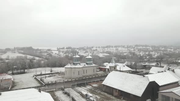 4k Drone Shot Small Village Winter Near Church