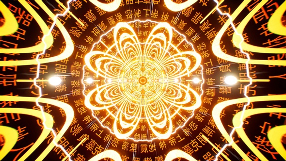 Abstract Glowing Asian Traditional Shape With Chinese Characters Tunnel 4K 01 alt