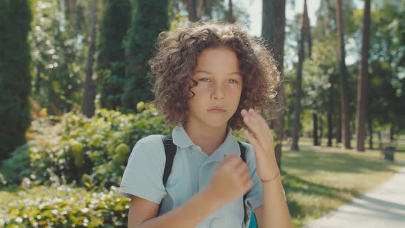 Portrait of Curly Boy with Backpack Looking Into Camera Outdoors alt