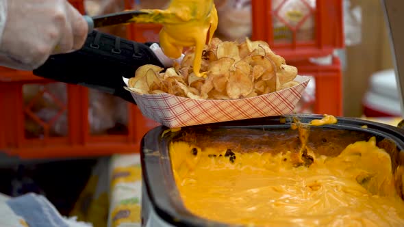Slow motion of putting cheese sauce on a serving of tornado or curly potato fries. alt
