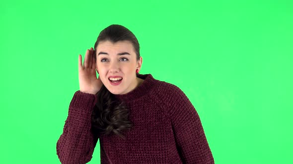 Woman Holding Hand Near Ear Trying To Listen Interesting News Expressing Communication Concept alt