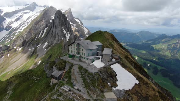 Aerial shot of the Shafler hut in Appenzell Alps, Switzerland, Europe alt