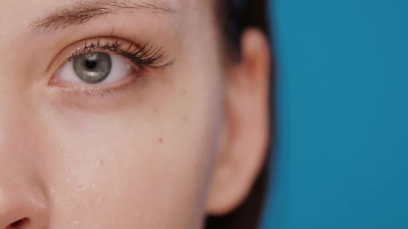 Close-up of Grey Woman Eye Looking To Camera with Wet Skin and Long Brown Eyelashes alt