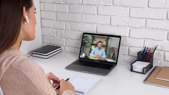 Woman Manager at Home Office Tells Report Corporation Online Video Call Laptop alt