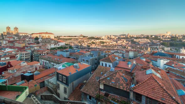 Sunset Time Shadow Cover Douro Riverside with the Dom Luiz Bridge Timelapse Porto  Portugal alt