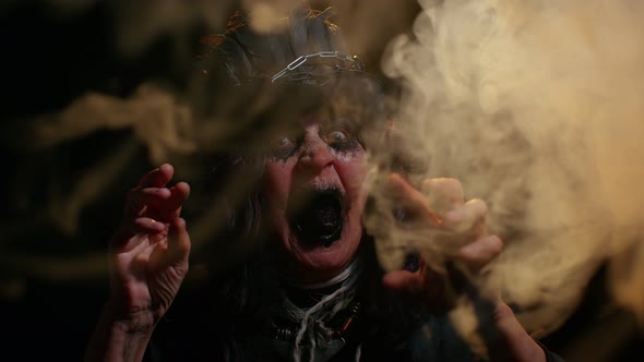 Creepy Scary Mature Woman Grandmother with Halloween Stylish Witch Makeup Making Terribly Faces alt