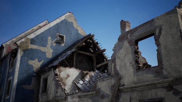 Destroyed Building and Pile of Debris After War