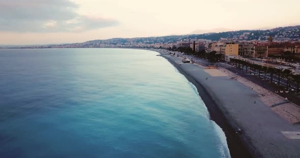 Nice, France. Aerial Footage of City in the Morning. Blue Sea and Sunrise in September. Tourist