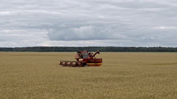 The harvester machine drives across the field and collects oats.