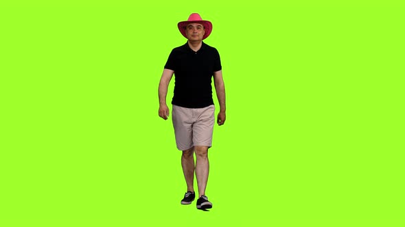 Adult Man Tourist Walking in Pink Cowboy Hat 