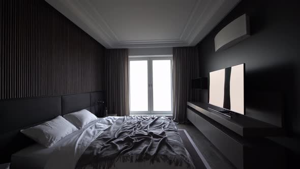 Real Modern Bedroom in Dark Tones with Double Bed Curtains and Large TV Set alt