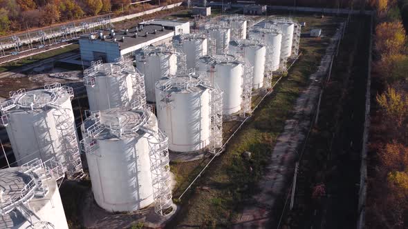 Aerial view of oil storage tank terminal.