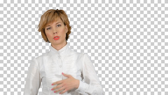 Businesswoman talking to camera, Alpha Channel