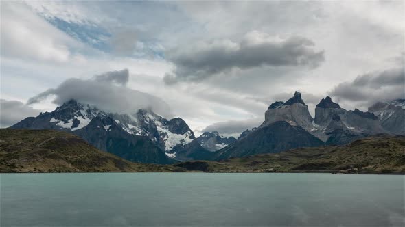 The iconic Patagonian mountains and the lake Pehoe during the day