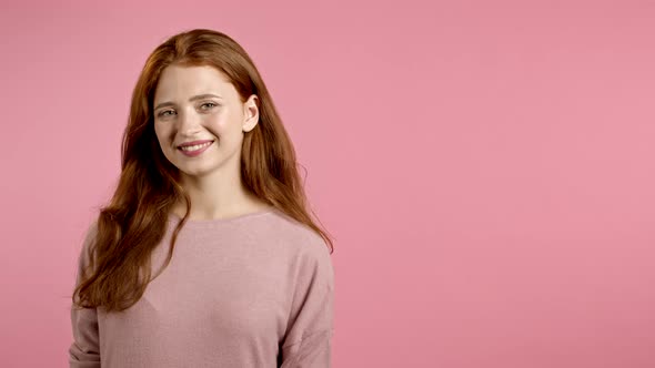 Copy Space. Young Smiling Woman with Red Hairstyle Looking To Camera. Portrait of Cute Beautiful alt