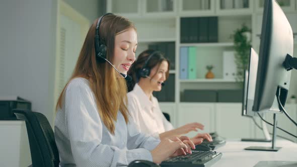 Group of beautiful business woman call center work in office corporate. alt