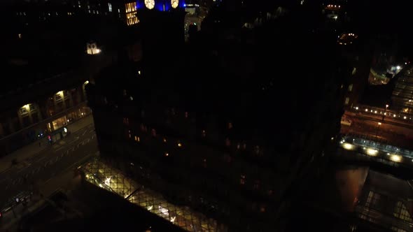 Drone View at Night of the Balmoral Hotel and the Surrounding Area of Edinburgh