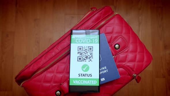 Vaccination Passport on a Mobile Phone Allowing Travel in Suitcase alt