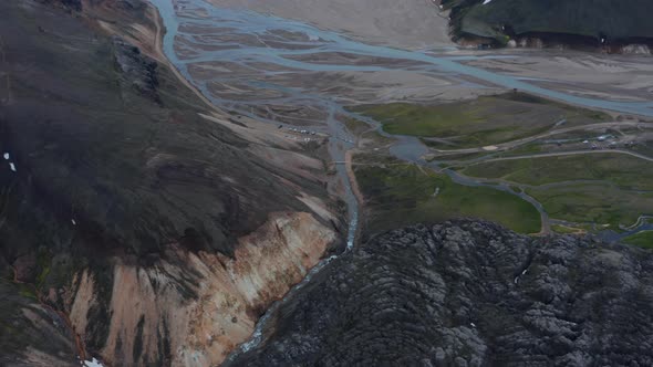 Aerial View of Thorsmork Glacier Valley with Krossa River Flowing in Iceland Highlands alt