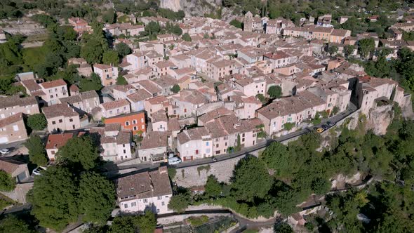 Drone over Moustiers-Sainte-Marie village near Verdon Gorge in Provence, France alt
