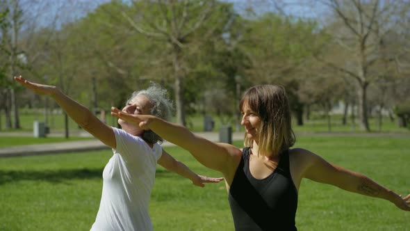 Two Women Practicing Yoga in Sunny Summer Park. alt